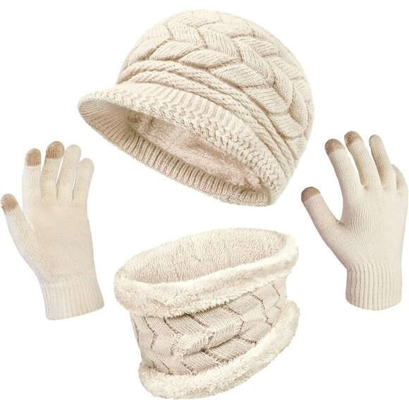 Winter Hat Gloves Scarf Set Women Knit Beanie Neck Warmer Touch Screen